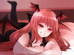  1girl arano_oki bat_wings black_legwear black_vest blush bra breasts cleavage commentary_request head_wings indoors koakuma long_hair long_sleeves looking_at_viewer lying mole mole_on_breast on_bed on_stomach red_eyes red_hair shirt simple_background smile solo touhou underwear vest white_background white_shirt wings 