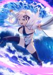  1girl asymmetrical_hair bangs blue_eyes blue_legwear blue_swimsuit breasts bun_cover cleavage elbow_gloves fate/grand_order fate_(series) fur_collar gloves highleg highleg_swimsuit highres holding holding_weapon katana large_breasts long_hair looking_at_viewer miyamoto_musashi_(fate/grand_order) miyamoto_musashi_(swimsuit_berserker)_(fate) multicolored multicolored_background one-piece_swimsuit open_mouth side_bun silver_hair solo soupchan swept_bangs swimsuit sword thighhighs thighs two-tone_swimsuit water waves weapon white_hair white_swimsuit 