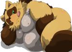  2020 anthro belly brown_body brown_fur butt canid canine fur green_eyes hi_res kemono lying male mammal moobs nipples overweight overweight_anthro overweight_male raccoon_dog sengoku_puzzle simple_background solo tanuki tokugawa_ieyasu tongue tongue_out video_games white_background yamatoji201 