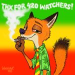  1:1 2020 anthro canid canine cheek_tuft disney drugs dubstepina english_text facial_tuft fox fur gloves_(marking) green_eyes head_tuft looking_at_viewer male mammal marijuana markings nick_wilde orange_body orange_fur red_fox smoke smoking_weed solo text tuft zootopia 