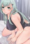  1girl aqua_eyes aqua_hair bed black_swimsuit breasts collarbone commentary_request competition_swimsuit curtains hair_ornament hairclip kantai_collection large_breasts leaning_forward long_hair looking_at_viewer one-piece_swimsuit shohei_(piranha5hk) smile solo suzuya_(kantai_collection) swimsuit 