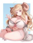  1girl absurdres anila_(granblue_fantasy) bare_legs barefoot bikini blonde_hair breasts brown_eyes cleavage granblue_fantasy heart heart-shaped_pupils highres horns huge_breasts long_hair looking_at_viewer sheep_horns side-tie_bikini sleeping_ear solo strap_pull swimsuit symbol-shaped_pupils thighs untied untied_bikini white_bikini 
