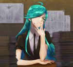  alexandrite_(houseki_no_kuni) androgynous aqua_eyes aqua_hair aqua_nails book hand_on_own_face houseki_no_kuni looking_to_the_side necktie ojo_aa paper thick_eyebrows uniform 