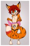  anthro blush border bottomwear canid canine chastity_cage chastity_device clothed clothing clothing_lift fox fur hair hi_res male mammal red_hair short_hair shouk skirt skirt_lift solo striped_body striped_fur stripes white_border young 