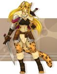  2020 4_toes 5_fingers accessory anthro armor blonde_hair breasts cheetah clothed clothing digital_media_(artwork) ear_piercing eyebrows eyelashes felid feline female fingers firetally fur hair headband hi_res mammal melee_weapon midriff navel piercing solo spots spotted_body spotted_fur sword toes weapon yellow_eyes 