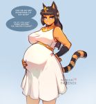  animal_crossing ankha_(animal_crossing) belly big_belly big_breasts breasts clothing domestic_cat dress felid feline felis female hi_res holding_belly looking_at_viewer mammal nintendo pregnant simple_background solo speech_bubble text the_dogsmith video_games 