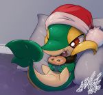 ambiguous_gender christmas christmas_clothing christmas_headwear clothing eatting fangs feral food gingy_k_fox hat headgear headwear holidays lying muffin nintendo on_back open_mouth pillow pok&eacute;mon pok&eacute;mon_(species) santa_hat sitting snivy video_games 