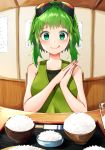  1girl :q alternate_costume bangs bare_arms bare_shoulders blush bowl casual chopsticks collarbone colored_eyelashes commentary_request cup eyebrows_visible_through_hair fisheye goggles goggles_on_head green_eyes green_hair gumi highres indoors katsuobushi_(eba_games) own_hands_together pov_across_table restaurant rice rice_bowl short_hair sidelocks sleeveless smile solo tank_top tongue tongue_out tray upper_body vocaloid 