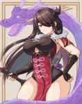  1girl :3 beidou_(genshin_impact) breasts brown_hair capelet chinese_clothes clothing_cutout dragon eyepatch fingerless_gloves genshin_impact gloves hair_ornament hair_over_one_eye hair_stick hairpin hand_on_hip highres holding holding_weapon large_breasts long_hair moppo one_eye_covered pelvic_curtain red_capelet red_eyepatch red_eyes standing thick_thighs thighs underboob underboob_cutout weapon 