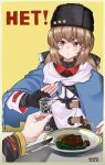 blue_shawl brown_eyes brown_hair closed_mouth cyrillic fingerless_gloves food fork glass gloves hair_ornament hairpin highres kantai_collection long_hair nansero no papakha parody rejection scarf star_(symbol) tashkent_(kantai_collection) twitter_username white_scarf 