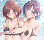  2girls absurdres antenna_hair arms_around_neck asakura_tooru bangs bare_arms bare_shoulders bikini bikini_top black_bikini black_swimsuit blue_eyes blush breasts cleavage earrings eyebrows_visible_through_hair hair_ornament hairclip halter_top halterneck hand_gesture highres higuchi_madoka idolmaster idolmaster_shiny_colors jewelry k-chitsu looking_at_viewer medium_breasts mole mole_under_eye multicolored_hair multiple_girls nail_polish ocean outdoors red_eyes short_hair sleeveless small_breasts smile smole swimsuit two-tone_hair upper_body v water x_hair_ornament 