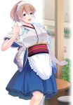  1girl blue_eyes blue_hakama blue_skirt breasts brown_hair commentary_request cowboy_shot hakama highres intrepid_(kantai_collection) japanese_clothes kantai_collection kimono large_breasts maid_headdress map_(blue_catty) ponytail short_hair skirt smile solo wa_maid waitress white_kimono 