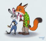  2020 anthro bodily_fluids bottomwear canid canine clothed clothing disney drooling dubstepina duo female food fox fully_clothed fur green_eyes grey_body grey_fur holding_food holding_object holding_popsicle judy_hopps lagomorph leporid licking male mammal necktie nick_wilde orange_body orange_fur pants pawpsicle police_uniform popsicle purple_eyes rabbit red_fox saliva shirt signature simple_background teeth tongue tongue_out topwear uniform white_body white_fur zootopia 
