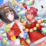  2girls bauble bell black_eyes black_gloves black_hair blue_eyes blush breasts capelet christmas christmas_tree closed_mouth comforter company_name dark_skin day dress dutch_angle erika_(pokemon) floating fur-trimmed_dress fur-trimmed_sleeves fur_trim gen_4_pokemon gen_7_pokemon gloves green_eyes gym_leader hairband hakuda_tofu highres holding long_sleeves medium_breasts multiple_girls official_alternate_costume official_art outdoors own_hands_together pennant pink_hair pokemon pokemon_(creature) red_capelet red_dress santa_dress short_hair sidelocks silver_eyes skyla_(pokemon) smile sparkle thigh_gap togekiss topknot winter yellow_hairband 