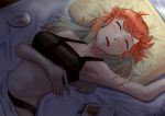  1girl absurdres bangs bed bra closed_eyes collarbone food gradient_hair highres hololive hololive_english huge_filesize long_hair multicolored_hair navel open_mouth orange_hair panties pillow pink_hair shadow sleeping solo spill takanashi_kiara underwear virtual_youtuber zeiss 