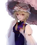  1girl blonde_hair bloom blouse bow breasts bright_pupils eyebrows_visible_through_hair hair_between_eyes hair_bow hand_up hat hat_ribbon highres holding holding_umbrella juliet_sleeves long_hair long_sleeves looking_at_viewer low_twintails medium_breasts mob_cap parasol parted_lips puffy_sleeves red_bow red_eyes red_ribbon ribbon simple_background sleeves_past_elbows solo tabard touhou twintails umbrella umeko_81 upper_body white_background white_blouse white_headwear wide_sleeves yakumo_yukari 