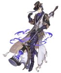  1boy black_gloves bow bowtie formal full_body glasses gloves hameln_(sinoalice) harp hat holding holding_staff instrument ji_no looking_at_viewer official_art purple_hair red_eyes sinoalice solo staff suit top_hat transparent_background vest vest_over_shirt 