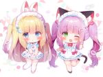  animal_ears bell blonde_hair blue_eyes blush bow bunny_ears bunnygirl catgirl chibi fang flowers garter green_eyes headdress koma_momozu lolita_fashion maid original purple_eyes signed tail thighhighs twintails white wink wristwear 