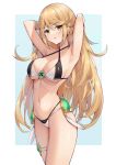  1girl :o adapted_costume armpits arms_behind_head arms_up bangs blonde_hair blush breasts brown_eyes cleavage commentary_request cowboy_shot criss-cross_halter eol_9 eyebrows_visible_through_hair faulds gem halterneck highres large_breasts long_hair looking_at_viewer mythra_(xenoblade) navel open_mouth solo stomach straight_hair swept_bangs thigh_strap thighs two-tone_bikini very_long_hair xenoblade_chronicles_(series) xenoblade_chronicles_2 