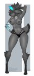  4_toes 5_fingers abstract_background anthro areola arm_tuft bikini bikini_bottom black_lips black_nose blue_eyes breasts calf_tuft canid canine canis cleavage clothed clothing digitigrade elbow_tufts eyelashes fangs female fingers fur furaffinity gloves_(marking) glowing glowing_ears grey_areola grey_body grey_fur grey_hair grey_nipples hair hand_on_hip hi_res hiddenwolf leg_tuft lips long_hair looking_at_viewer mammal markings navel neck_tuft nipples patreon signature smile solo standing stella_asher swimwear teeth toes topless tuft twitter wide_hips wolf 