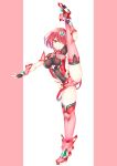 1girl absurdres breasts daive full_body highres leg_up looking_at_viewer medium_breasts one_eye_closed pyra_(xenoblade) red_eyes red_hair short_hair shorts skindentation smile solo split standing standing_on_one_leg standing_split thighhighs xenoblade_chronicles_(series) xenoblade_chronicles_2 