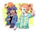  1boy 1girl absurdres artist_name bangs black_shirt blush buttons charmander collarbone commentary_request eyelashes fire flame gen_1_pokemon green_eyes hand_up highres holding_hands jacket leon_(pokemon) long_hair long_sleeves looking_at_another on_head open_clothes open_jacket open_mouth orange_hair pointing pokefan_cheng pokemon pokemon_(creature) pokemon_(game) pokemon_on_head pokemon_swsh shirt side_ponytail sidelocks sonia_(pokemon) teeth tongue upper_body yellow_eyes younger 