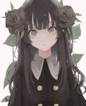  1girl absurdres bangs black_flower black_hair black_jacket black_rose blazer blunt_bangs collared_shirt eyebrows_behind_hair flower green_eyes hair_flower hair_ornament head_tilt highres jacket leaf mile_(mil2) original rose shirt solo upper_body 