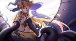  1girl abigail_williams_(fate/grand_order) absurdres asymmetrical_legwear bangs black_legwear black_panties blonde_hair bow breasts bug butterfly closed_mouth commentary crossed_legs dutch_angle fate/grand_order fate_(series) flan_(f_l_an) forehead from_below hat hat_bow highres insect key keychain keyhole long_hair looking_at_viewer panties parted_bangs revealing_clothes ribbon single_thighhigh sitting small_breasts smile solo star_(sky) straight_hair stuffed_animal stuffed_toy teddy_bear tentacles thighhighs underwear very_long_hair witch_hat 