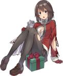  1girl black_hair boots box breasts christmas full_body fur_trim gift gift_box gloves hayasui_(kantai_collection) kantai_collection konishi_(koconatu) medium_breasts official_art pantyhose pleated_skirt sack santa_boots santa_costume santa_gloves short_hair silver_eyes skirt torn_clothes torn_legwear transparent_background 