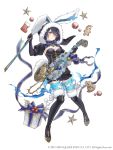  1girl absurdres alice_(sinoalice) animal_ears black_gloves boots bow bow_(instrument) bowtie christmas christmas_gift dark_blue_hair fake_animal_ears flower full_body fur_trim gingerbread_man gloves highres hood hood_up instrument ji_no looking_at_viewer official_art pocket_watch puffy_sleeves red_eyes rose short_hair sinoalice solo square_enix tattoo thigh_boots thighhighs violin watch white_background white_flower white_rose 
