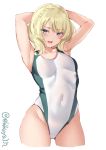  1girl armpits arms_behind_head arms_up blonde_hair blue_eyes breasts casual_one-piece_swimsuit colorado_(kantai_collection) cowboy_shot ebifurya highres kantai_collection medium_breasts one-piece_swimsuit short_hair side_braids swimsuit thighs twitter_username white_background white_swimsuit 