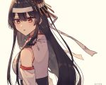  1girl bangs black_hair blush breasts detached_sleeves eyebrows_visible_through_hair floral_print fusou_(kantai_collection) hair_between_eyes hair_ornament headband headgear japanese_clothes kantai_collection large_breasts long_hair obi open_mouth parted_lips remodel_(kantai_collection) saitu_miki sash sidelocks simple_background solo upper_body yellow_background 