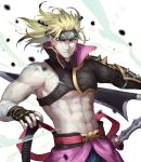  1boy abs asymmetrical_clothes bare_pecs blonde_hair blue_eyes chest_harness debris fate/grand_order fate_(series) harness headband heian_warrior_attire_(fate/grand_order) high_collar highres holding holding_weapon igote kouzuki_kei looking_at_viewer male_focus muscle sakata_kintoki_(fate/grand_order) solo sword upper_body weapon 