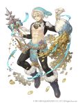  1boy abs absurdres ahoge aladdin_(sinoalice) bell bell_choker blonde_hair blue_eyes boots choker christmas coin coin_purse eyebrows_visible_through_hair full_body fur_trim grin hat highres jewelry ji_no leggings looking_at_viewer official_art oil_lamp polearm ring sack santa_hat sash shrug_(clothing) sinoalice smile solo spear square_enix weapon white_background 