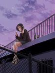  1girl black_hair bottle brandy brown_hair cigarette crescent_moon cup drinking_glass floating_hair highres looking_at_viewer moon night night_sky original puma_(brand) rooftop shoes short_hair shot_glass sitting sky smoking sneakers solo tabie wine_bottle 