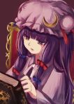  1girl bangs blue_bow blue_ribbon book botan_yukimoti bow chair commentary crescent crescent_moon_pin dark_background expressionless hair_bow hat hat_ribbon long_hair mob_cap parted_lips patchouli_knowledge purple_eyes purple_hair red_background red_bow red_ribbon ribbon simple_background solo touhou upper_body wide_sleeves 
