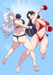  2girls absurdres ass bare_shoulders bikini black_hair black_heart blue_eyes boa_hancock boxing boxing_gloves breasts cirenk cleavage earrings frilled_bikini frills highres jewelry large_breasts long_hair multiple_girls navel neptune_(series) one_piece punching sweat swimsuit symbol-shaped_pupils thighs very_long_hair white_hair 