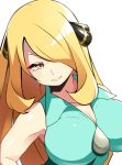  1girl bare_arms blonde_hair breasts cleavage closed_mouth collarbone collared_shirt commentary_request cynthia_(pokemon) eyelashes green_shirt hair_ornament hair_over_one_eye head_tilt long_hair looking_down mituyota_76 pokemon pokemon_(anime) pokemon_bw_(anime) shiny shiny_hair shiny_skin shirt simple_background sleeveless sleeveless_shirt solo upper_body white_background yellow_eyes 