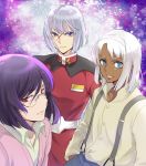  3boys blue_eyes bob_cut cardigan crossover dark_skin dark_skinned_male glasses green_eyes gundam gundam_00 gundam_seed hairstyle_connection isa_(peien516) loran_cehack male_focus military military_uniform multiple_boys pink_cardigan purple_hair red_eyes scar scar_on_face silver_hair suspenders tieria_erde turn_a_gundam uniform yzak_joule 