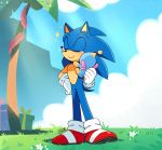  2019 ambiguous_gender anthro bodily_fluids chao_(sonic) clothing cloud danielasdoodles day duo eulipotyphlan flower footwear gift gloves grass handwear hedgehog hi_res male mammal palm_tree plant signature smile sonic_the_hedgehog sonic_the_hedgehog_(series) tears tree video_games wings 