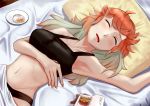  1girl absurdres bangs bed bra closed_eyes collarbone food gradient_hair highres hololive hololive_english huge_filesize long_hair multicolored_hair navel open_mouth orange_hair panties pillow pink_hair sleeping solo spill takanashi_kiara underwear virtual_youtuber zeiss 