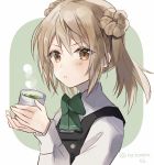  1girl brown_eyes commentary_request cup double_bun dress green_tea hatomaru_(hatomaru56) holding holding_cup kantai_collection light_brown_hair long_sleeves looking_at_viewer michishio_(kantai_collection) pinafore_dress remodel_(kantai_collection) shirt short_twintails solo steam tea twintails two-tone_background upper_body white_shirt yunomi 