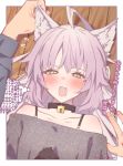  ahoge animal_ears atalanta_(alter)_(fate) atalanta_(fate) bell bell_collar black_shirt blush brown_eyes casual cat_ears collar commentary fate/grand_order fate_(series) highres long_sleeves looking_at_viewer mitsurugi_sugar open_mouth pov shirt strapless_shirt translation_request white_hair wooden_floor 