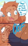 2koma accessory angel_(lightsource) anthro big_breasts blood_from_mouth blue_eyes bouncing_breasts breasts brown_body brown_fur brown_hair bulging_eyes canid canine canis cleavage clothed clothing comic cute_fangs dialogue domestic_dog duo english_text faceless_female female flower flower_in_hair fur hair hair_accessory hi_res hitting lightsource mammal one-piece_swimsuit one_eye_closed oof open_mouth open_smile outside pepper_(lightsource) plant smile summer swimwear text 