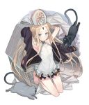  1girl abigail_williams_(fate/grand_order) abigail_williams_(swimsuit_foreigner)_(fate) absurdres animal armpits arms_up bangs bare_legs bare_shoulders barefoot black_cat black_jacket blonde_hair blue_eyes blush braid cat commentary_request double_bun fate/grand_order fate_(series) frilled_swimsuit frills full_body hat highres jacket keyhole long_hair parted_bangs seyana solo swimsuit twintails very_long_hair white_headwear white_swimsuit 