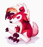  2020 absurd_res ambiguous_gender cheek_tuft chest_tuft claws facial_tuft feral finger_claws food food_on_head fur hair hi_res kitsuakari looking_up lycanroc midnight_lycanroc nintendo pizza pok&eacute;mon pok&eacute;mon_(species) red_body red_eyes red_fur red_sclera shaded signature simple_background sitting solo toe_claws tuft video_games white_background white_body white_fur white_hair 