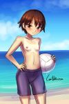  1girl absurdres artist_name ball bangs beach blue_legwear blush breasts brown_eyes brown_hair collarbone commentary commission cowboy_shot dripping english_commentary girls_und_panzer hair_strand hand_on_hip highres holding holding_ball isobe_noriko looking_at_viewer lumineko male_swimwear male_swimwear_challenge navel ocean second-party_source short_hair signature sky small_breasts smile solo swim_trunks swimwear tan tanline topless volleyball wet 
