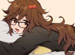  1girl :d bangs bed_sheet black-framed_eyewear black_jacket bow breasts brown_background brown_eyes brown_hair eyebrows_visible_through_hair fate/extra fate_(series) glasses hair_between_eyes hair_bow jacket jinako_carigiri karokuchitose large_breasts long_hair looking_at_viewer lying on_stomach open_mouth pillow polka_dot polka_dot_background red_bow shirt smile solo thick_eyebrows upper_body v-shaped_eyebrows very_long_hair yellow_shirt 