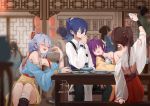  1boy 3girls absurdres architecture asamayuki_ra bandaged_arm bandages blue_dress blurry blurry_background blush bowl brown_hair chinese_clothes closed_eyes cup dated dish dress drinking earrings east_asian_architecture flower grey_hair hair_flower hair_ornament hair_rings highres holding holding_cup indoors jewelry lantern leaning_on_person long_hair luo_tianyi mo_qingxian multiple_girls off-shoulder_dress off_shoulder ponytail purple_hair red_dress signature sitting skirt smile table vocaloid vsinger white_robe wristband yellow_dress yellow_skirt yuezheng_ling zhiyu_moke 