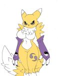  3_fingers anthro black_sclera blue_eyes breasts canid canine claws clothing digimon digimon_(species) digital_media_(artwork) featureless_breasts featureless_crotch female fingerless_gloves fingers fur gloves handwear mammal navel nude renamon solo superbunnygt white_body white_fur yellow_body yellow_fur 